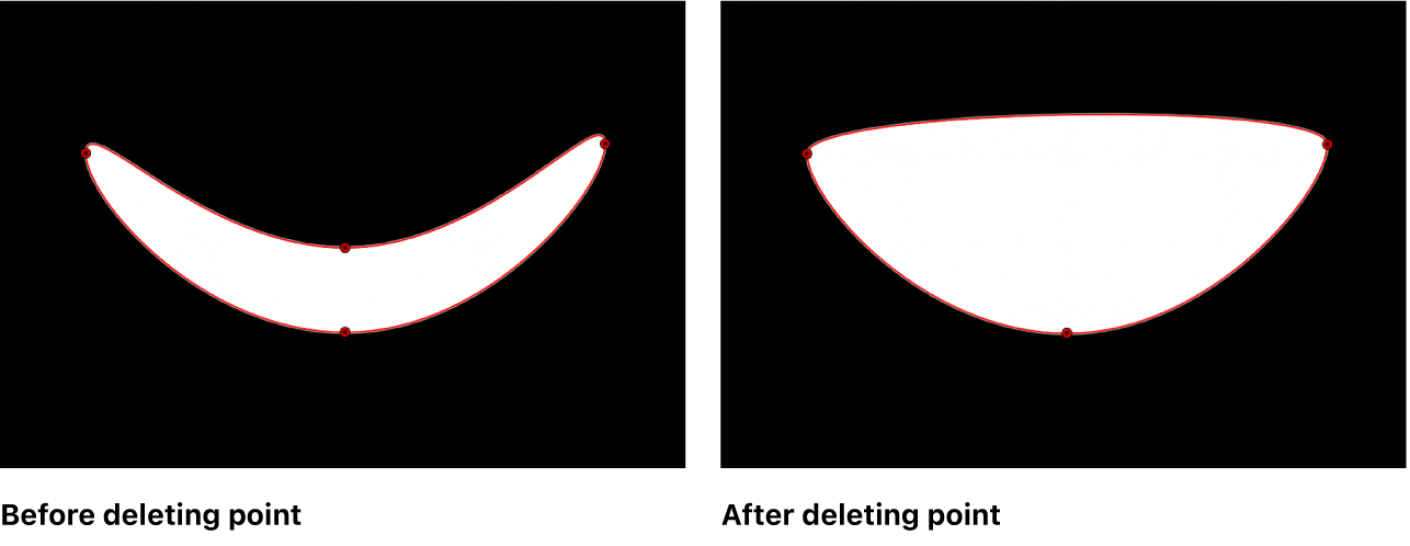 The viewer showing a mask shape before and after a control point is deleted