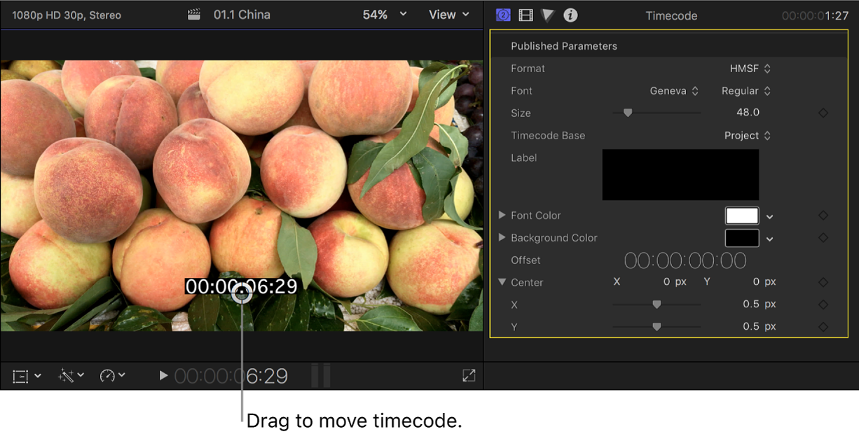 The viewer on the left showing a video image with superimposed timecode, and the Generator inspector on the right showing the settings for the Timecode generator clip