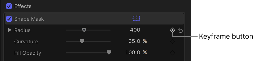 The Shape Mask controls in the Effects section of the Video inspector, with a Keyframe button appearing to the right of the Radius slider