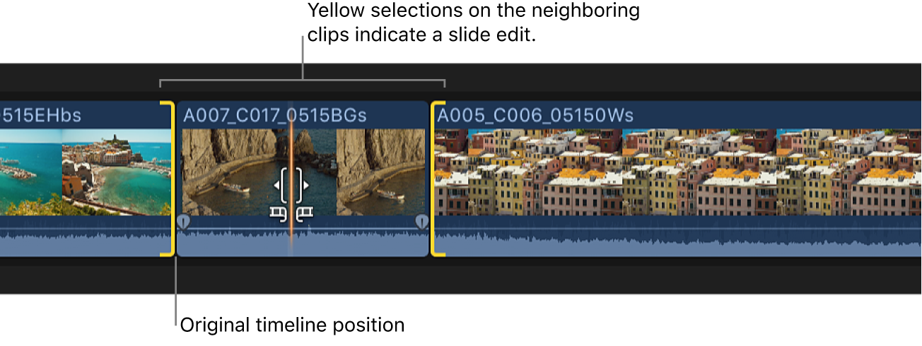 A clip being Option-dragged in the timeline, with yellow selections on the adjacent clips indicating a slide edit