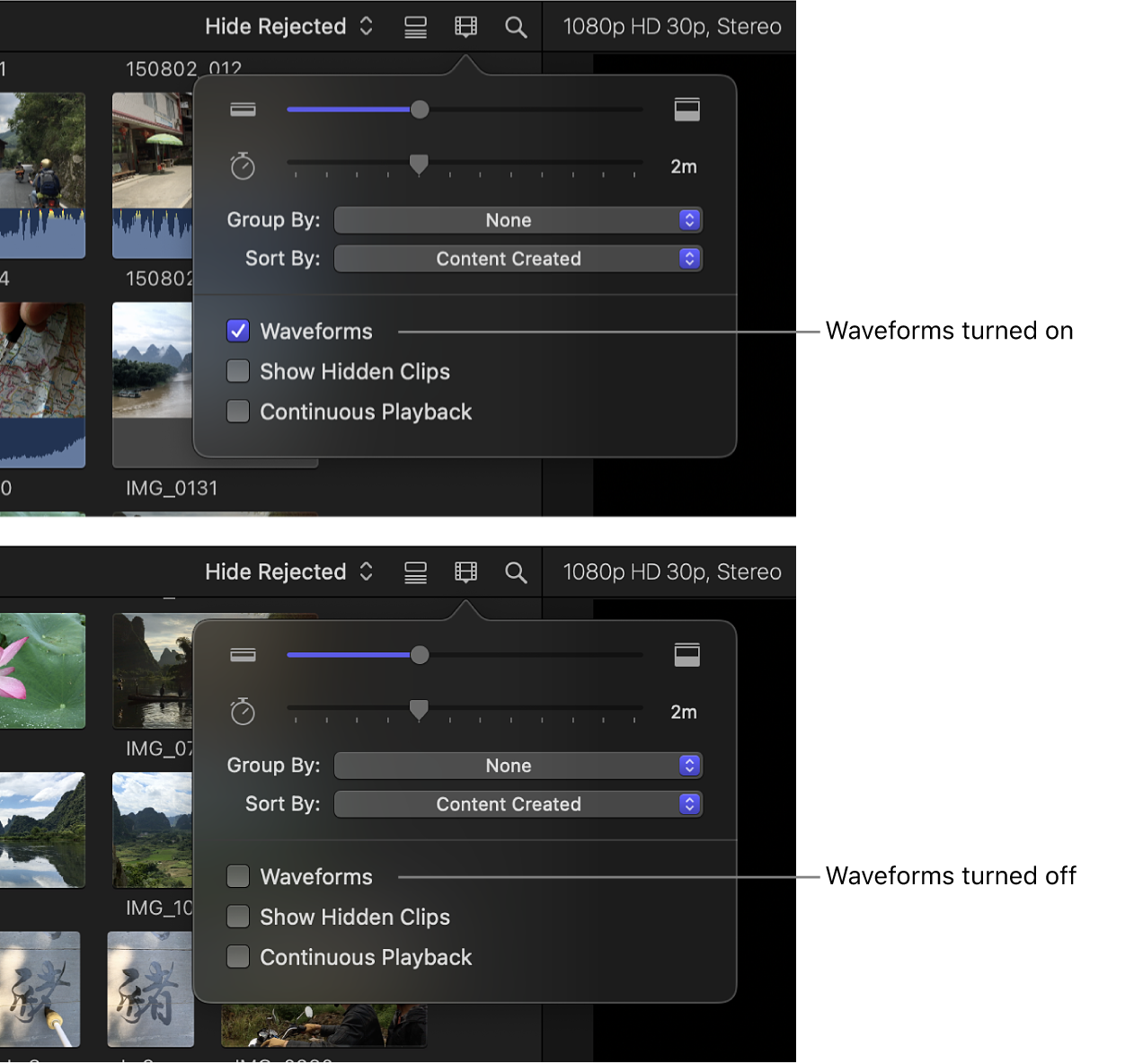 Filmstrips in the browser before and after audio waveforms are turned off using the Waveforms checkbox