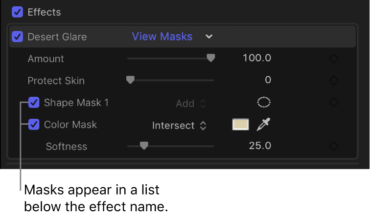 The Effects section of the Video inspector showing a shape mask and a color mask added to an effect