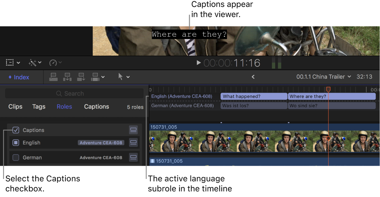 The Captions checkbox selected in the timeline index, and a caption from the active language subrole displayed in the viewer