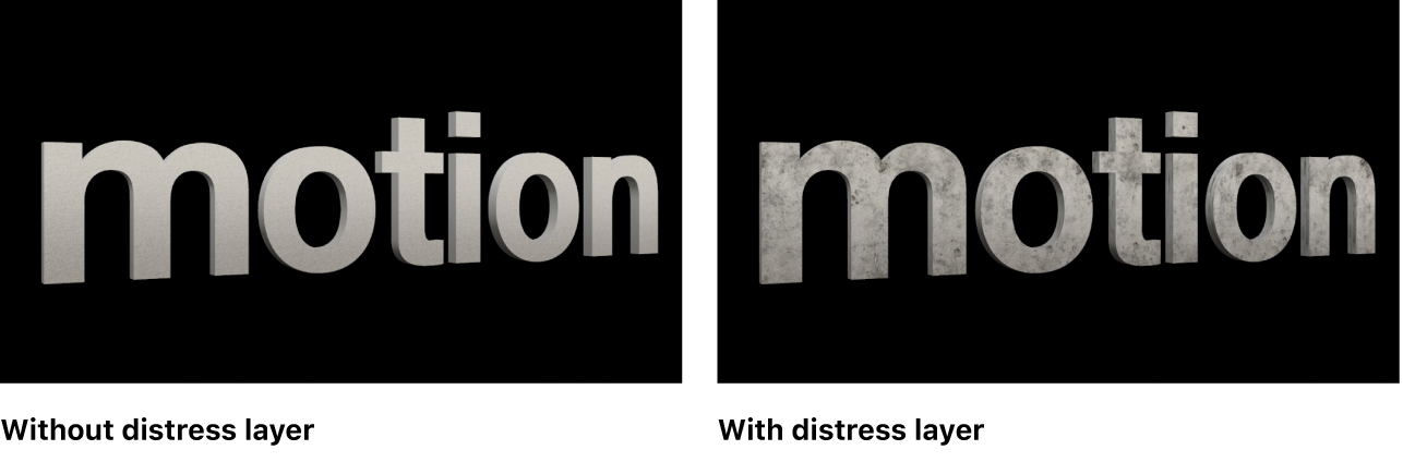 A 3D title in the viewer shown with and without a distress layer