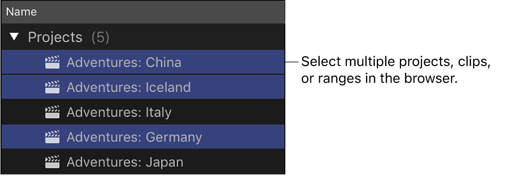 Multiple projects selected in the browser