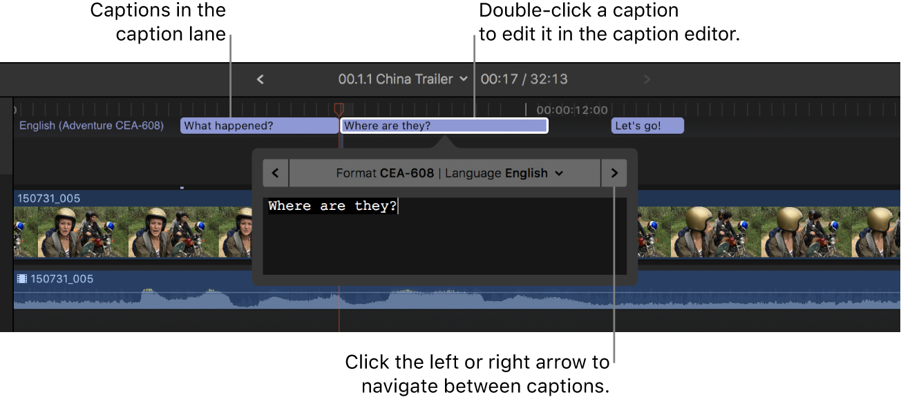 Three captions in the caption lane in the timeline, and the caption editor showing the text of the selected caption