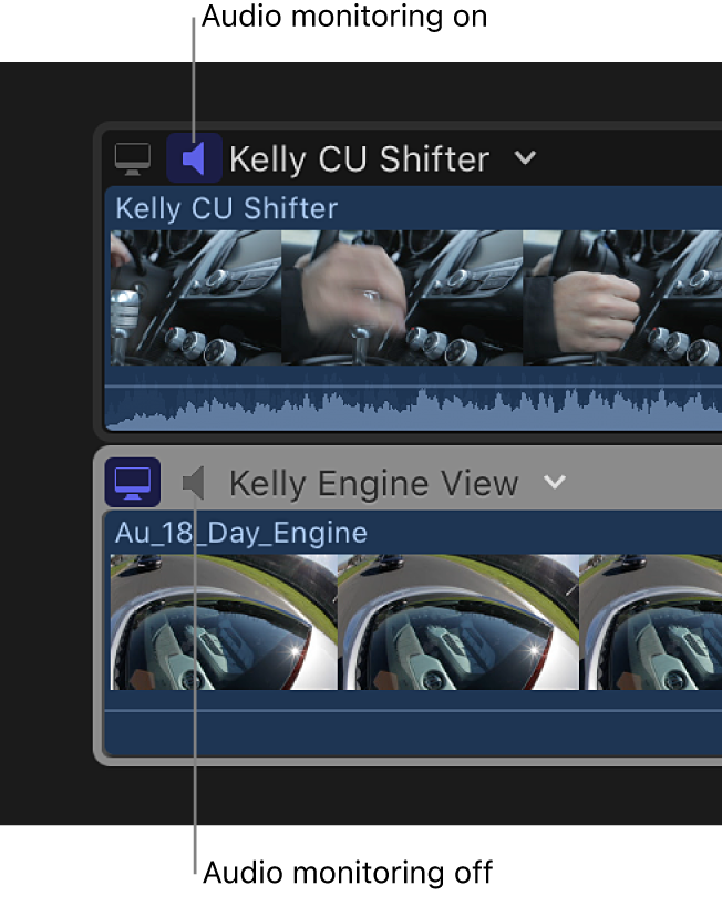 Clips in the angle editor with an Audio Monitor button in the top-left corner