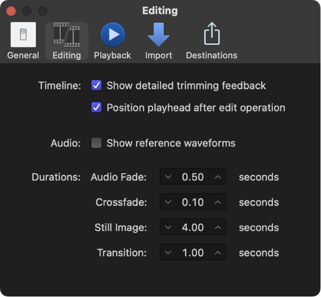 The Editing pane of the Final Cut Pro Settings window