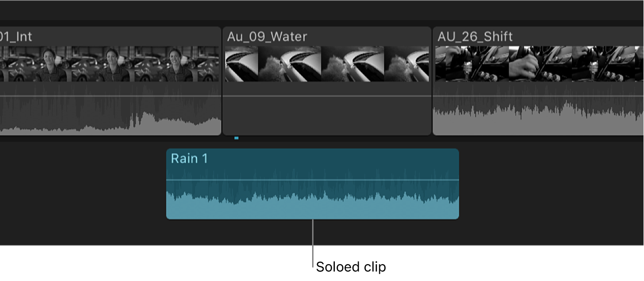 A soloed clip appearing highlighted in the timeline, with other clips appearing dimmed