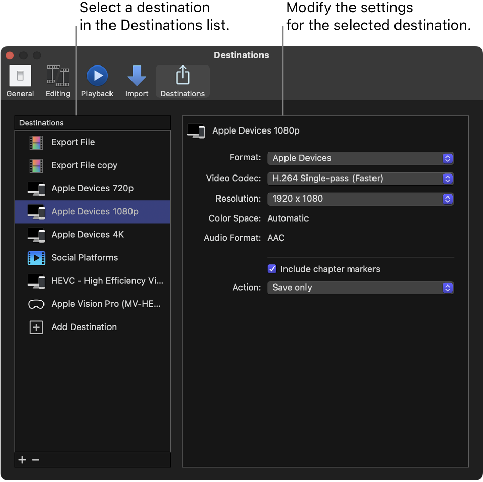 El panel Destinos de la ventana Ajustes de Final Cut Pro con el destino “Dispositivos Apple 1080p” seleccionado en la lista de la izquierda