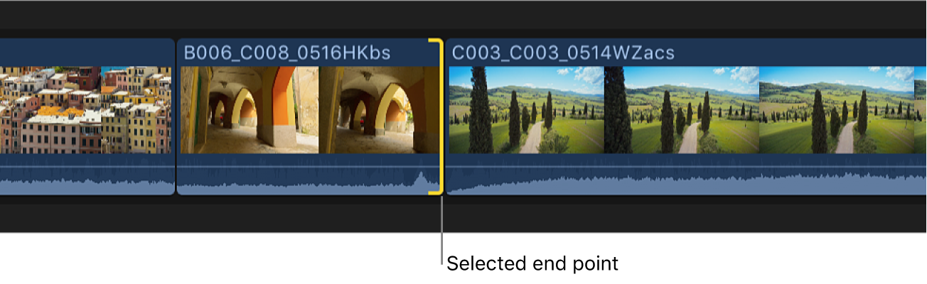El punto final seleccionado de un clip de la línea de tiempo