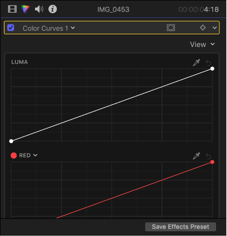 El inspector de color con las curvas de color del efecto “Curvas de color”