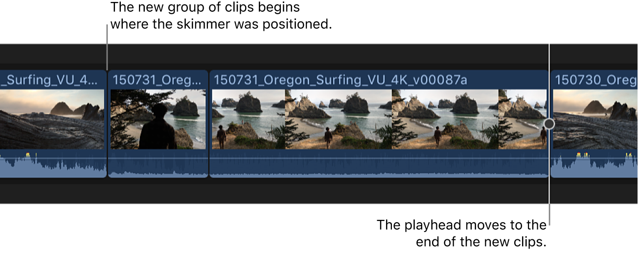 Dos clips del explorador añadidos a la línea de tiempo a partir de la ubicación de Skimmer