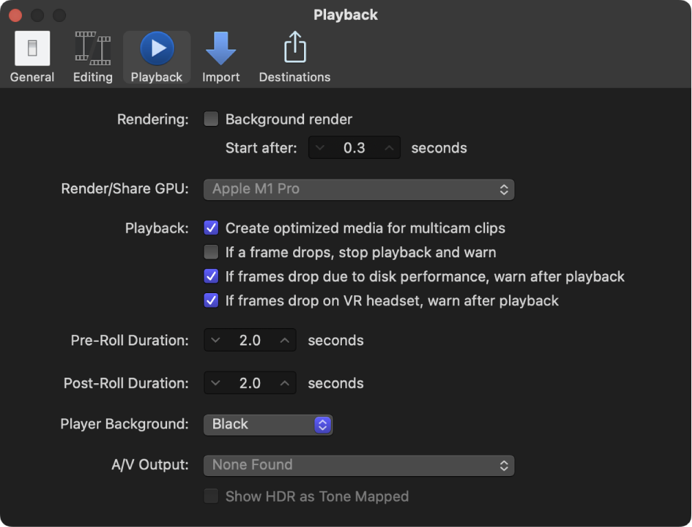 El panel Reproducción de la ventana Ajustes de Final Cut Pro