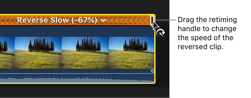 La línea de tiempo y arrastra del tirador de reprogramación de un clip invertido para ajustar la velocidad