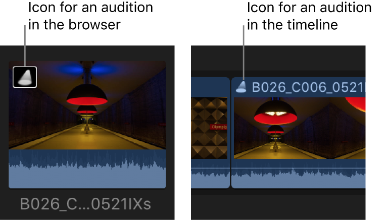 Iconos de audiciones mostrados en clips del explorador y en la línea de tiempo