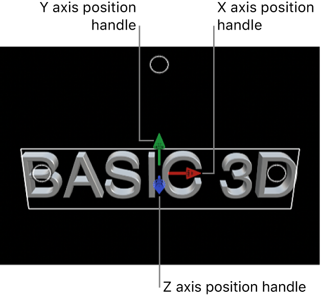 Un título 3D en el visor, con tiradores de posición para los ejes X, Y y Z