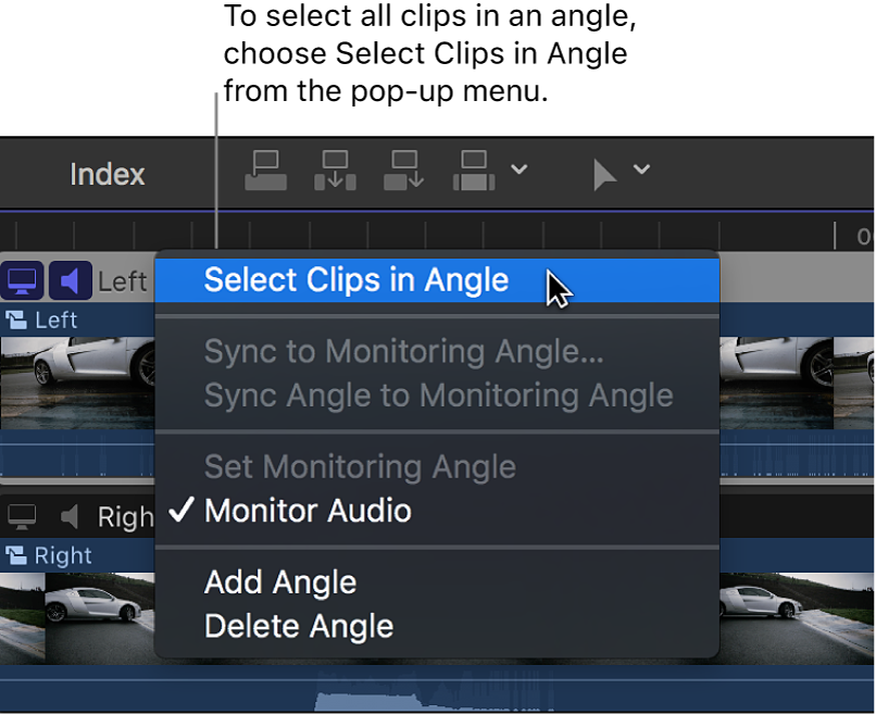 Opciones del menú desplegable junto al nombre del ángulo en el editor de ángulo