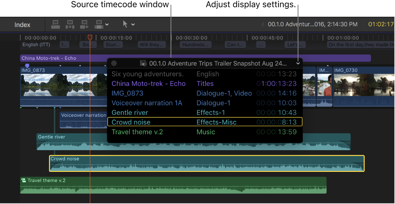 Ventana de código de tiempo del origen situada sobre clips en la línea de tiempo, con el código de tiempo del origen de los clips en la posición del cursor de reproducción