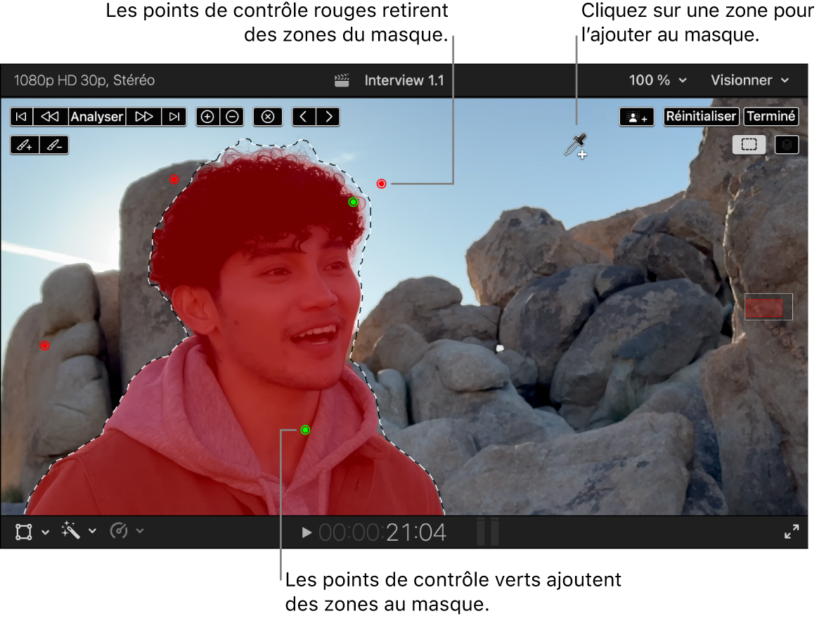 Visualiseur affichant un masque magnétique appliqué à une personne au premier plan. La pipette Ajouter est active et des points de contrôle verts et rouges indiquent des zones ajoutées au masque ou supprimées du masque.