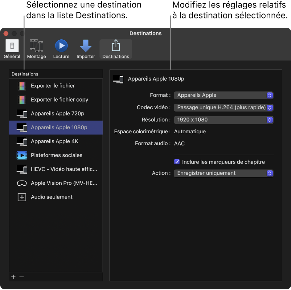 Sous-fenêtre Destinations de la fenêtre Réglages de Final Cut Pro montrant la destination « Appareils Apple 1080p », sélectionnée dans la liste de gauche