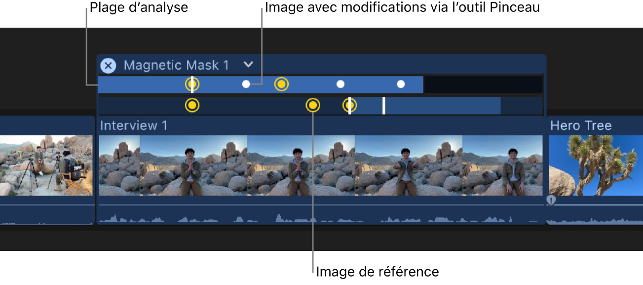 L’éditeur de masque magnétique au-dessus d’un plan dans la timeline, affichant des plages d’analyse. Les images de référence sont indiquées par des points jaunes et les modifications avec l’outil pinceau indiquées par des points blancs.