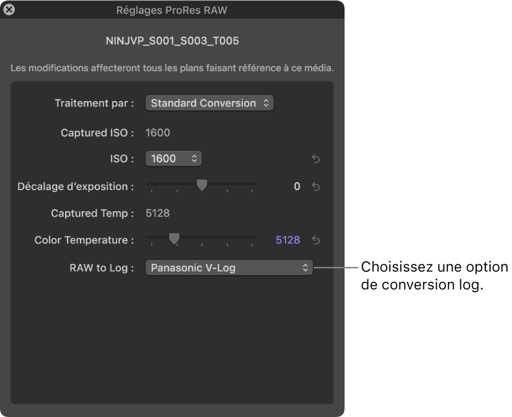 Fenêtre « Réglages ProRes RAW » montrant le menu local « RAW vers log »