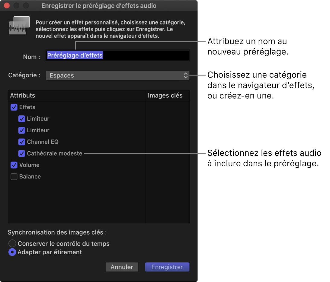 Fenêtre « Enregistrer le préréglage d’effets audio »
