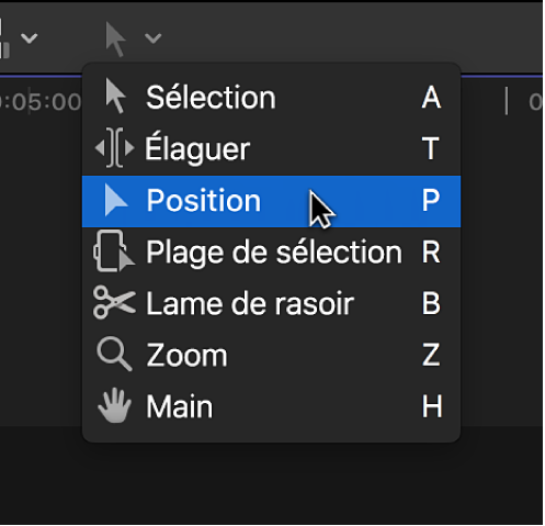 Outil Position dans le menu local Outils