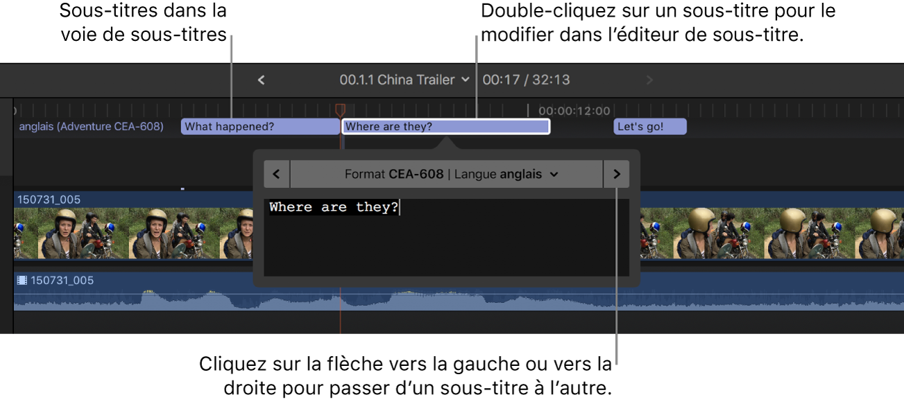 Trois sous-titres dans la voie de sous-titre dans la timeline, et éditeur de sous-titre montrant le texte du sous-titre sélectionné