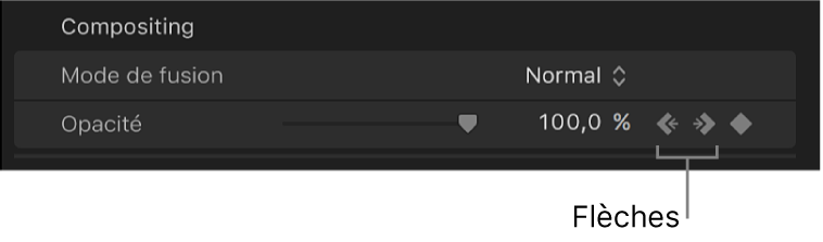 Flèches droite et gauche en regard du bouton Image clé du paramètre Opacité dans l’inspecteur vidéo
