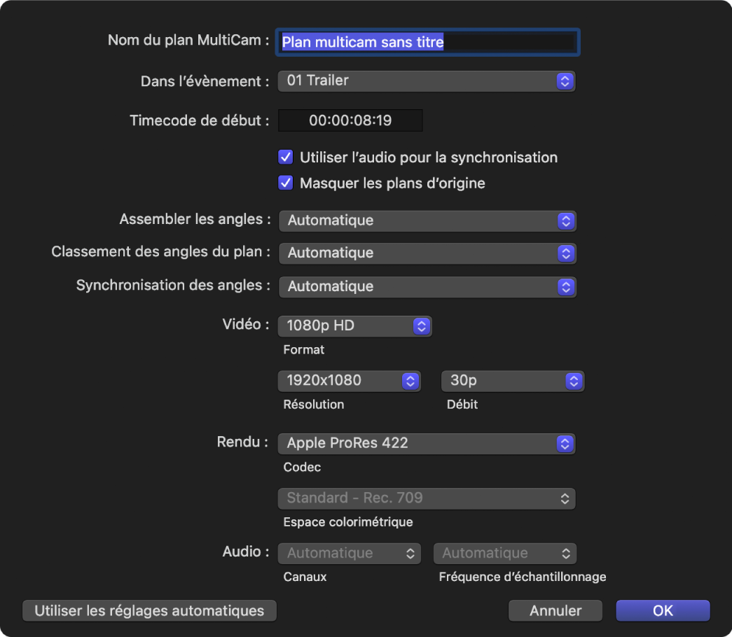 Réglages multicam personnalisés