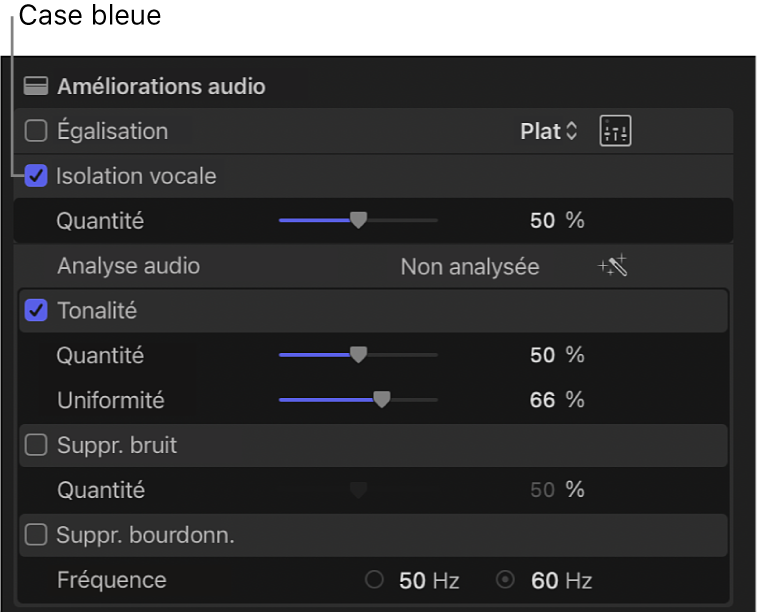 Section « Améliorations audio » de l’inspecteur audio affichant les commandes Égalisation, « Isolation vocale », Tonalité, « Suppression du bruit » et « Suppression du bourdonnement ». Les coches bleues en regard des options « Isolation vocale » et Tonalité indiquent que ces améliorations sont activées.