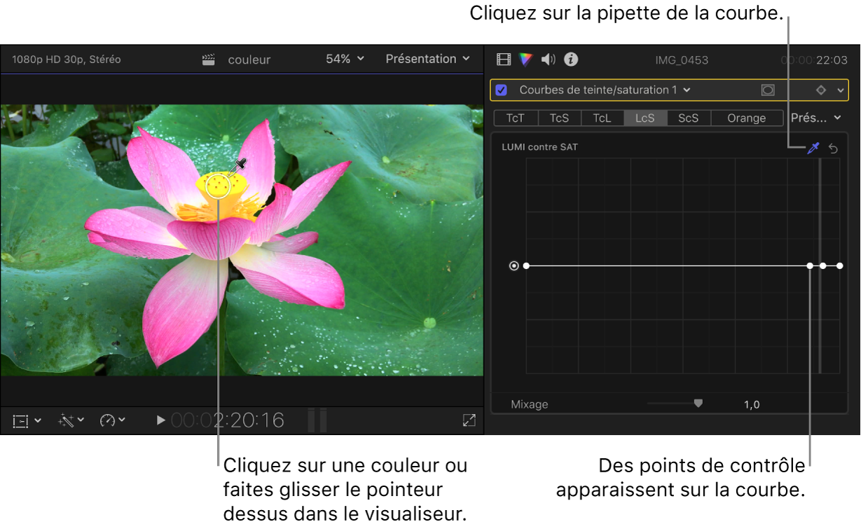 Pipette placée sur une couleur dans le visualiseur et inspecteur de couleur affichant les points contrôle sur la courbe Lumi contre Sat