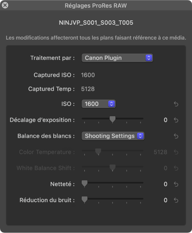 Fenêtre des réglages ProRes RAW affichant les réglages d’un module de fabricant de caméra