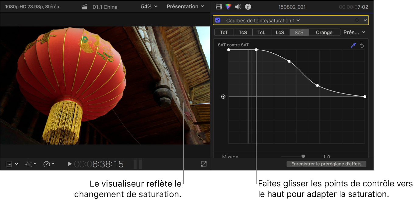 Visualiseur à gauche montrant le changement de saturation et l’inspecteur de couleur à droite montrant les points de contrôle ajustés sur la courbe Sat contre Sat