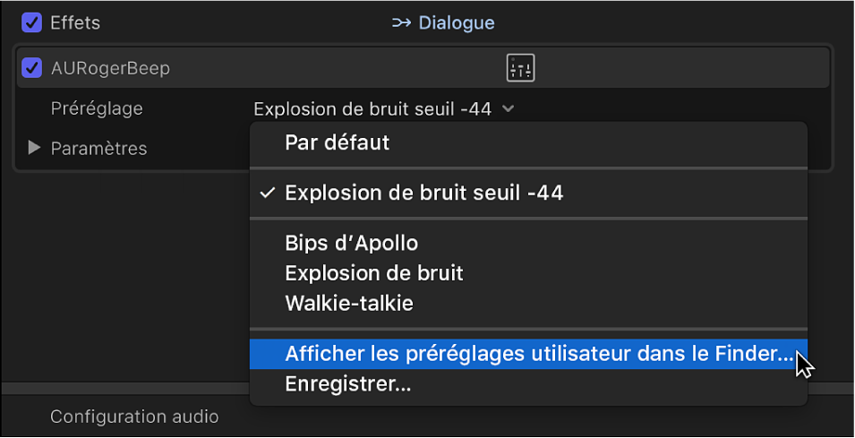 Section Effets de l’inspecteur audio affichant l’option « Afficher les préréglages utilisateur dans le Finder » dans le menu local Préréglage