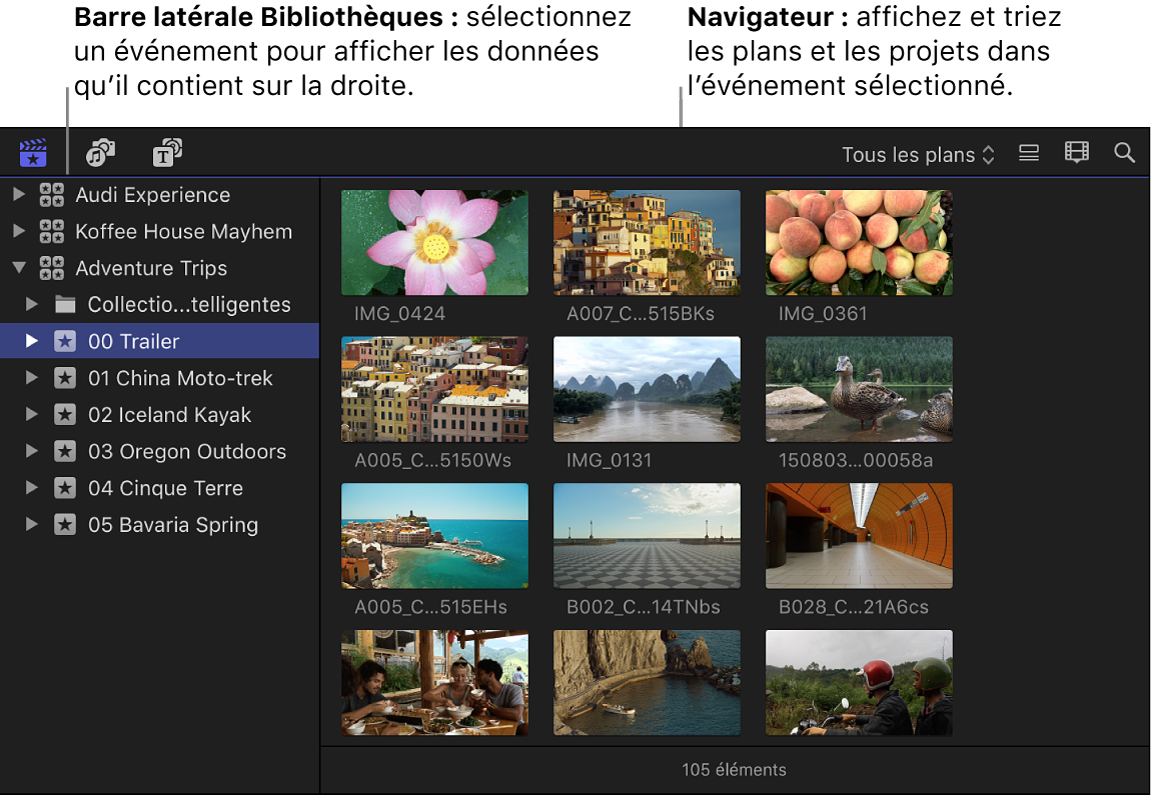 Évènement sélectionné dans la barre latérale Bibliothèques à gauche, et navigateur affichant les plans de l’évènement sélectionné à droite