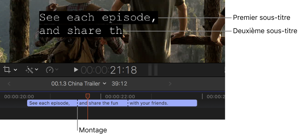 Timeline affichant des plans de sous-titres contigus de type Déroulement avec des coupes entre eux et visualiseur montrant le premier sous-titre et une partie du deuxième