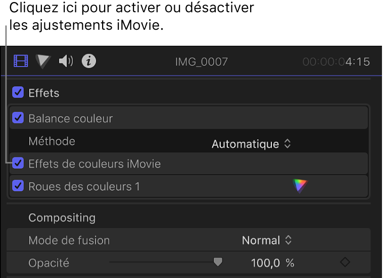 Section Effets de l’inspecteur vidéo avec la case Effets de couleurs iMovie