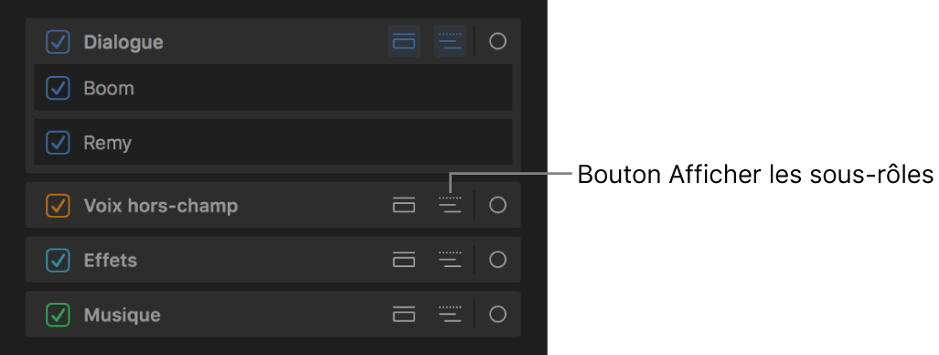 Bouton Afficher les sous-rôles pour un rôle dans la fenêtre Rôles de l’index de la timeline