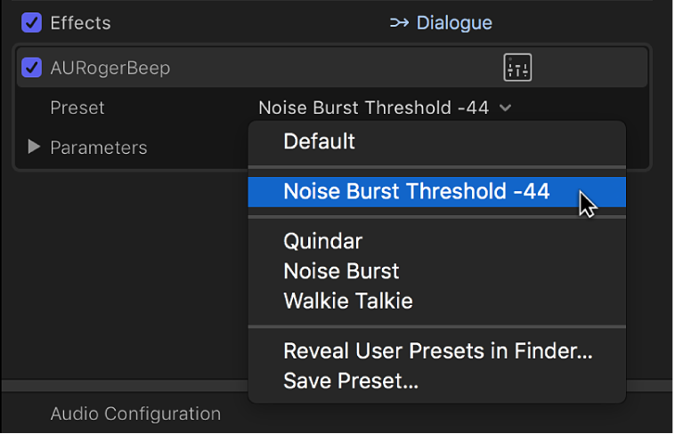 「オーディオ」インスペクタの「エフェクト」セクション。「プリセット」ポップアップメニューに保存済みのプリセットが表示されている
