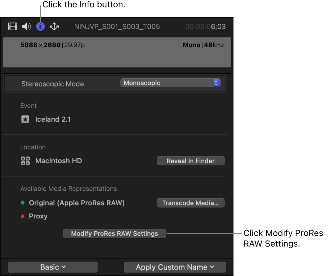「ProRes RAW設定を変更」ボタンが表示された「情報」インスペクタ