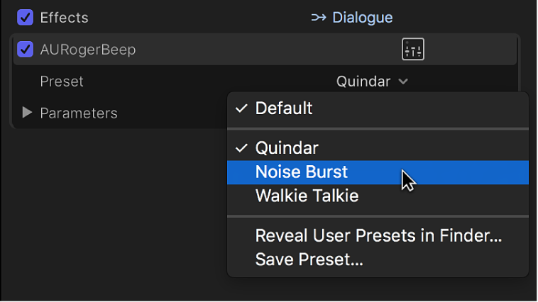 「オーディオ」インスペクタの「エフェクト」セクションの「プリセット」ポップアップメニューのオプション