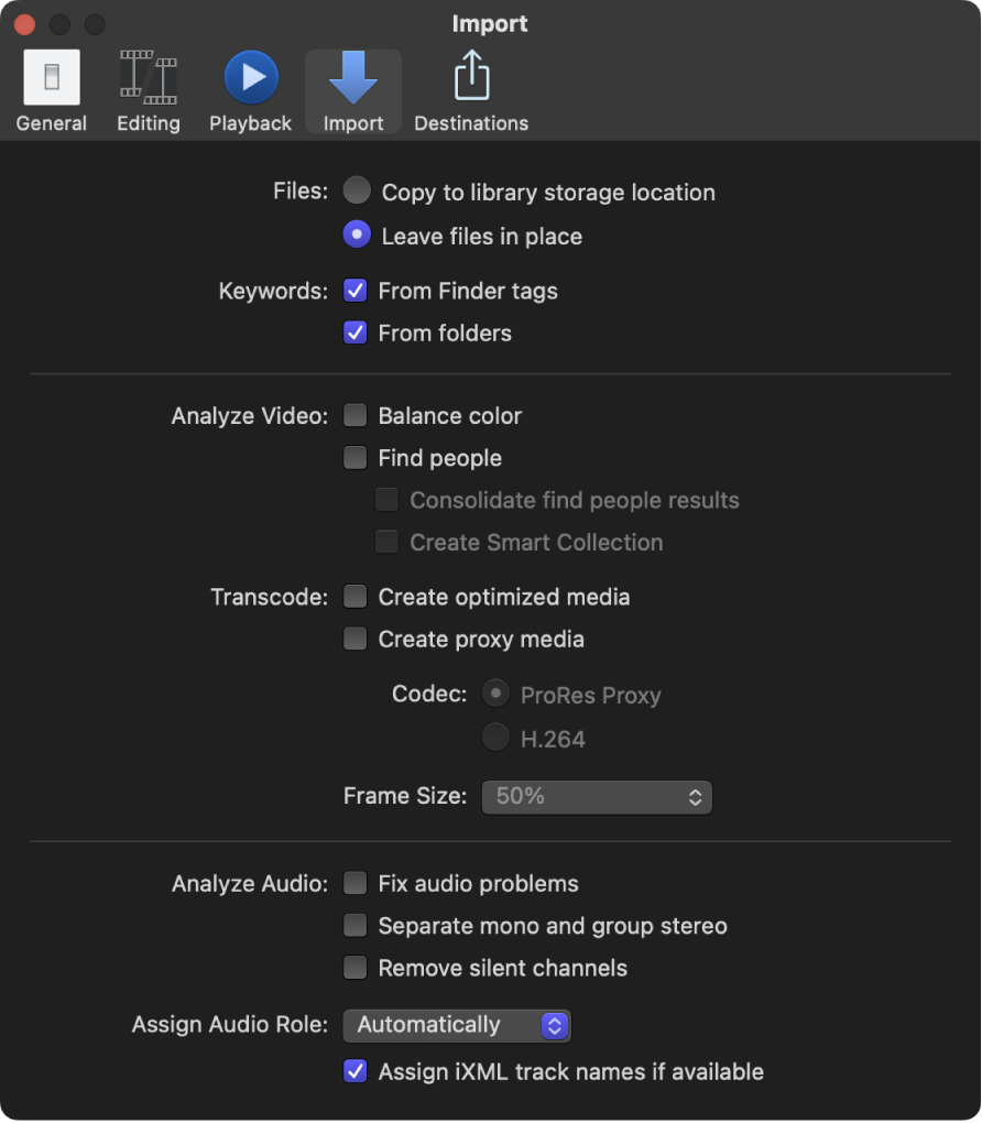 Final Cut Pro設定ウインドウの「読み込み」パネル