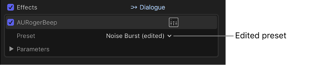 「オーディオ」インスペクタの「エフェクト」セクション。編集済みのエフェクトプリセットが表示されている