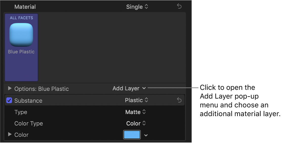 「テキスト」インスペクタの「素材」セクションにある「レイヤーを追加」ポップアップメニュー。「青色のプラスチック」が選択されている