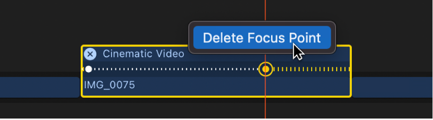 タイムラインの手動焦点ポイント（黄色）。その上に「焦点ポイントを削除」コマンドが表示されています