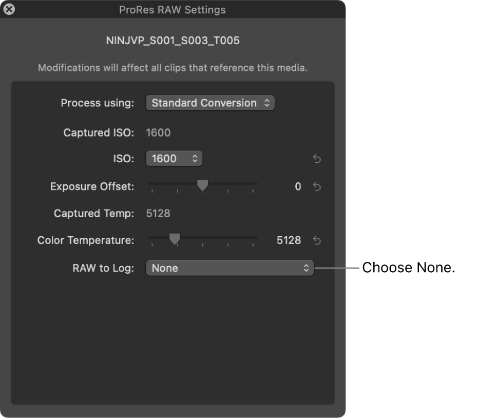「RAWからログ」が「なし」に設定された「ProRes RAW設定」ウインドウ