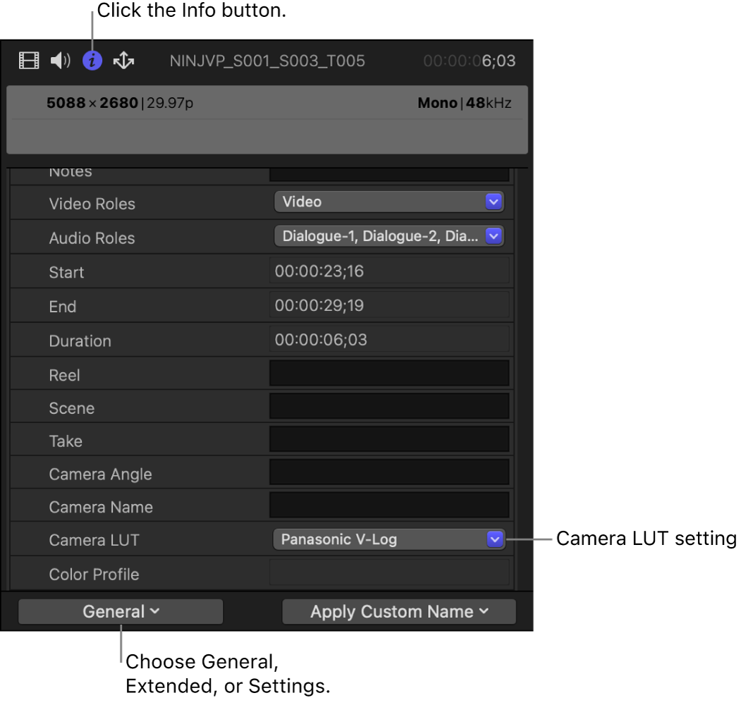 「一般」メタデータ表示の「カメラのLUT」設定が表示された「情報」インスペクタ